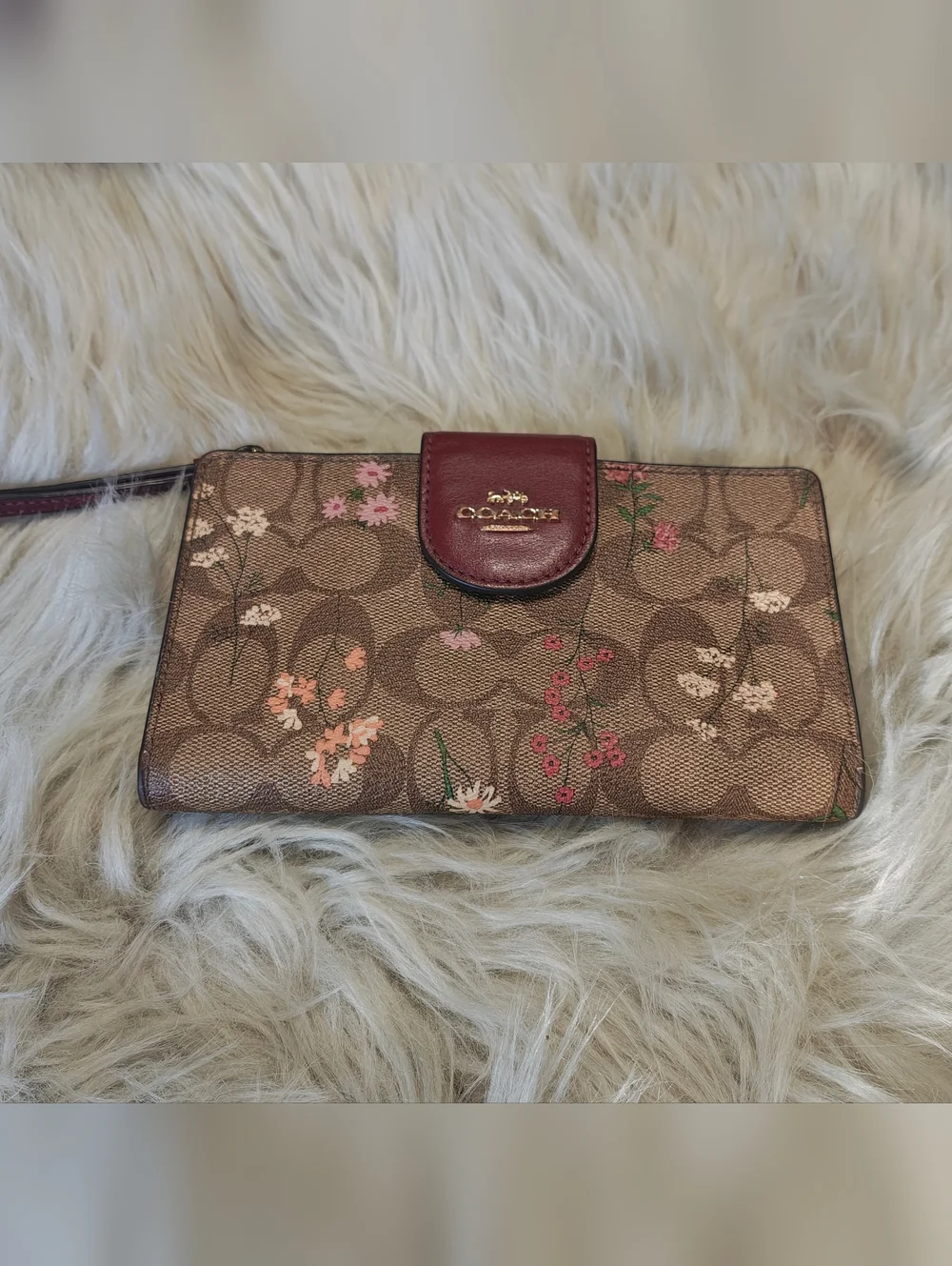 Coach Brown Signature Floral Accordion Wallet with Burgundy Snap - Picture 1 of 4